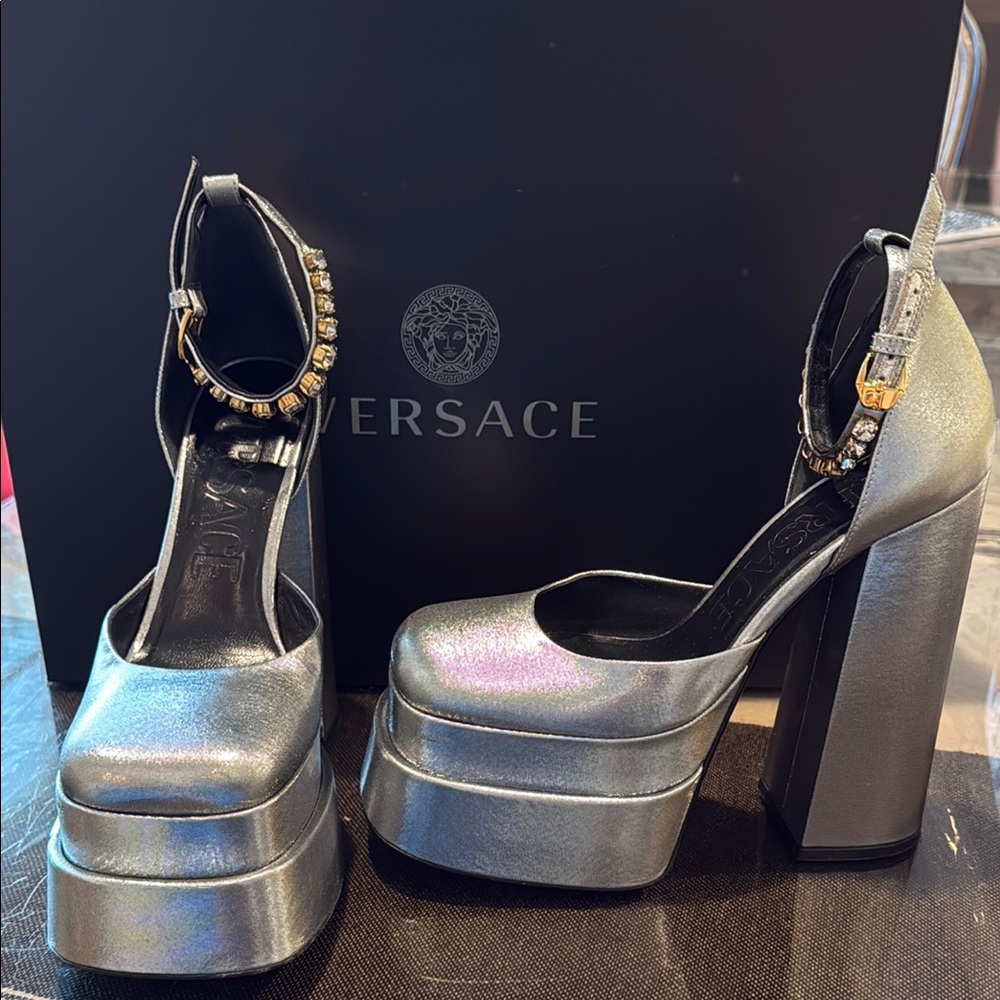 Authentic Versace Metallic Silver Platform Sandals - image 2